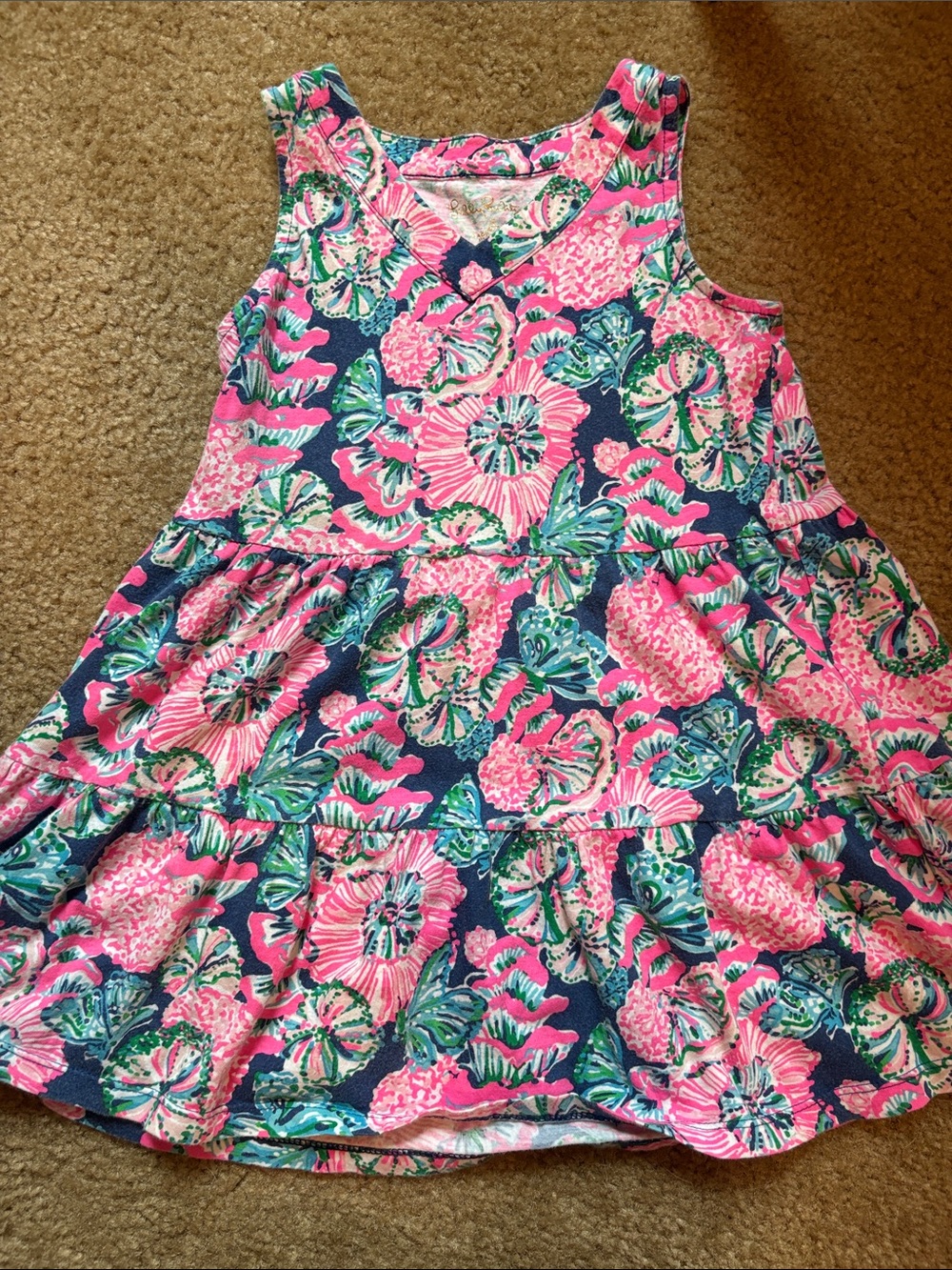 Lilly Pulitzer Pink Floral Scoop Neck Tank Dress with Navy Accents